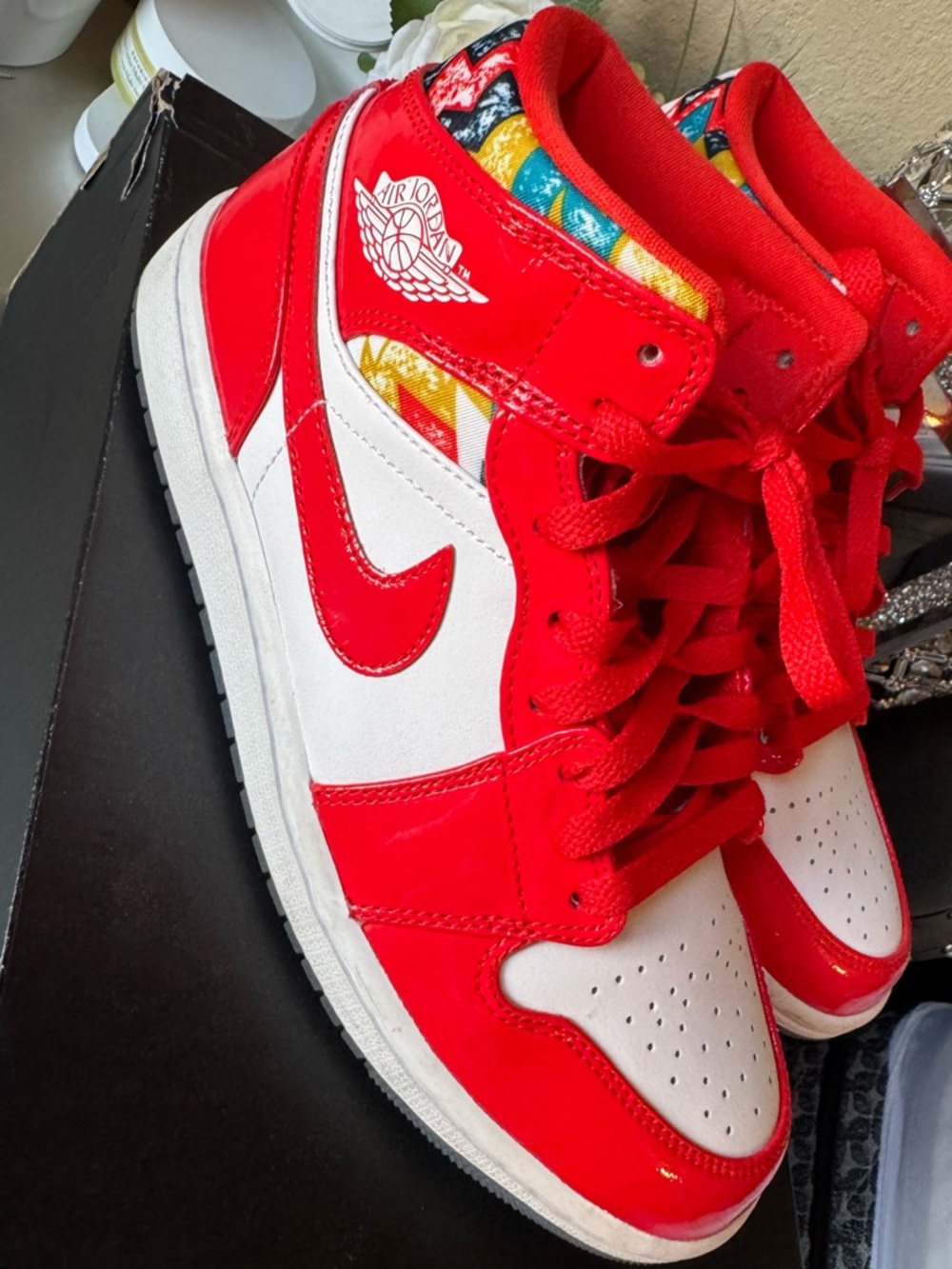 Air Jordan 1 High-Top Sneakers in Red and White with Colorful Liner